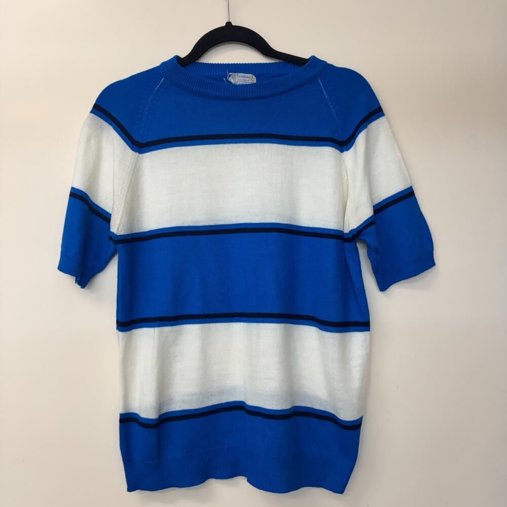 60’s Vtg Penney Towncraft Mod Blue Striped Knit Sweater Tee Acrylic Medium (38)